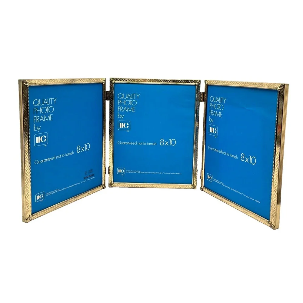 Vintage Tri-Fold Gold Tone Hinged Picture Frame Holds (3) 8x10 Photos-Tabletop